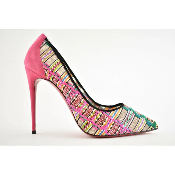 Christian Louboutin Follies Lace 100 Pink Black Hippie Suede Mesh Heel Pump 35.5 - Picture 2 of 12